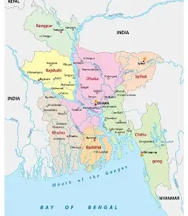 Map of Bangladesh showing divisions, rivers, and major cities