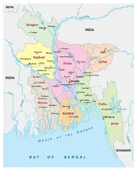 Map of Bangladesh showing divisions, rivers, and major cities