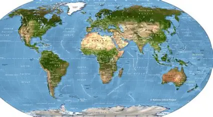 Physical map of the world showing mountains rivers deserts and landforms