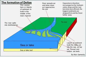 River delta formed by sediment deposits at the mouth of a river