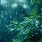 Rain falling over a green landscape