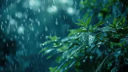 Rain falling over a green landscape