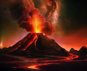 Volcano erupting with lava and smoke