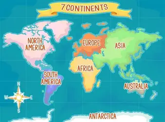 Seven continents of the world map showing Asia Africa Europe and the Americas